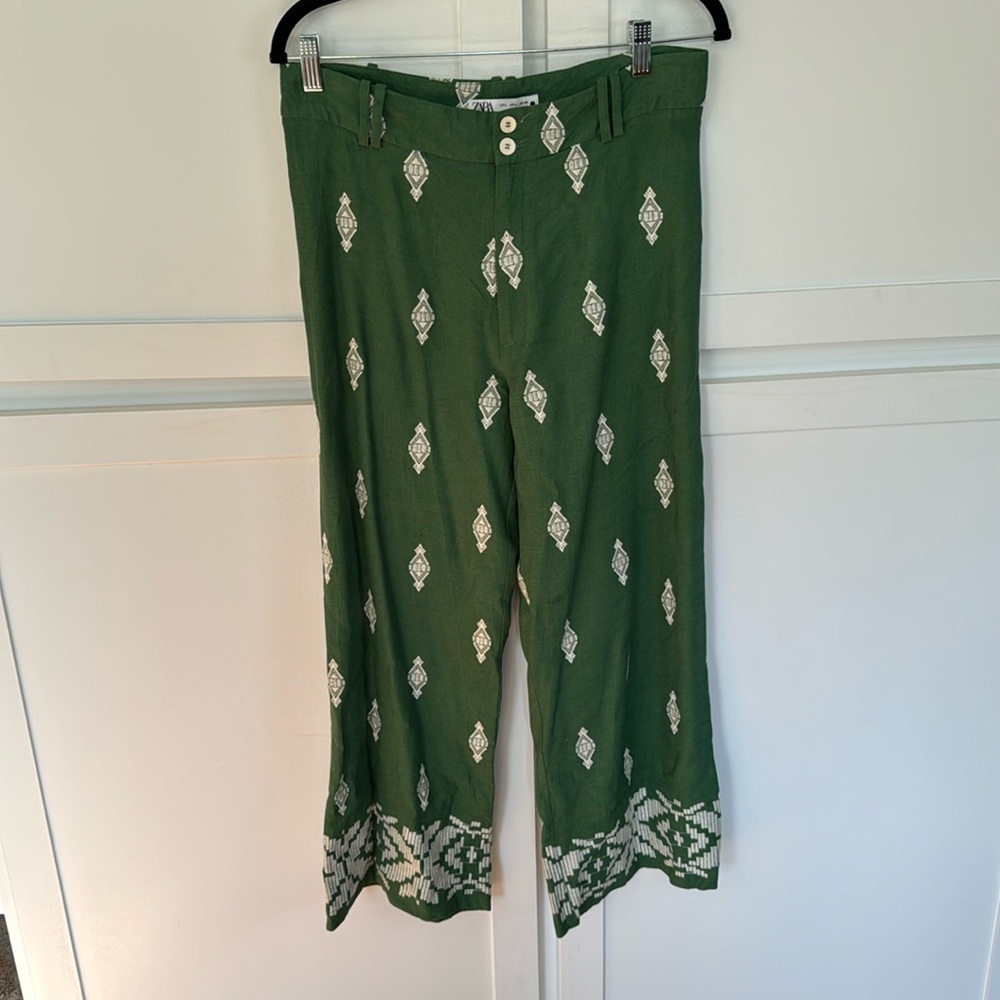 Zara Green White Linen Wide Leg Size Large